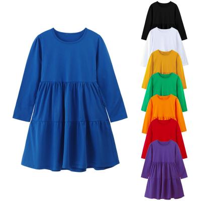 China Girls Solid Loose Long Sleeve Girls Dress Anti-wrinkle Summer Puff Tiered Puff Dress With Pockets for sale