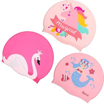 China 100% Custom Silicone Water Sport Waterproof Cap Printing Cartoon Logo Silicone Swim Caps for sale