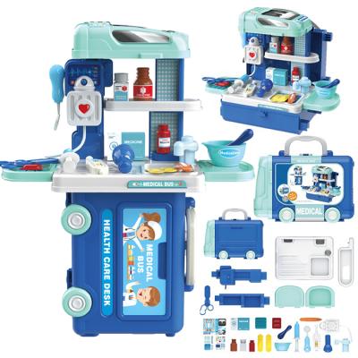 China 3in1 29pcs Eco-friendly Non-Toxic Medical Bus Pretend Play Toy Portable Kids Children Doctor Set With Rich Accessories for sale