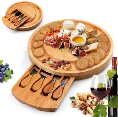 China Sustainable Organic Bamboo Charcuterie Board Set Tray Cheese Cutting Board Wooden Serving With Knife Gift Set for sale