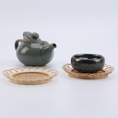 China Tea Mat Bamboo Woven Saucer Handmade Bamboo Rattan Woven Coaster Pot Protector Viable Japanese Style Cup Holder for sale