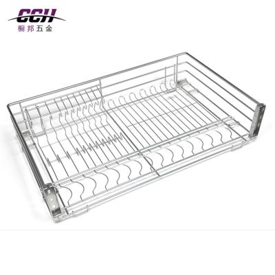 China Stocked Kitchen Cabinet Chrome Sliding Wire Storage Basket Rolling Wire Pull Out Pan Basket for sale