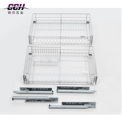 China Metal Stored Slip Down Storage Basket Dish Drying Rack Rack Pull Out Wire Basket In Kitchen Cabinet for sale