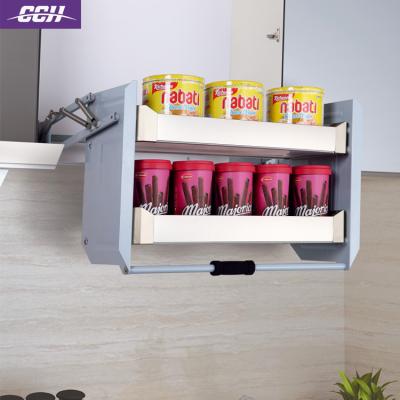 China Sustainable Manual Lift Cabinet Stainless Steel Locker Sideboard Pull Out Vegetable Storage Sliding Basket for sale