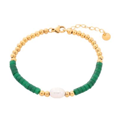 China CLASSIC Big Natural Pearl Pendant Stainless Steel Bracelets Green Stone Bohemian Style Natural Stone Beaded DIY Bracelet Personality for sale