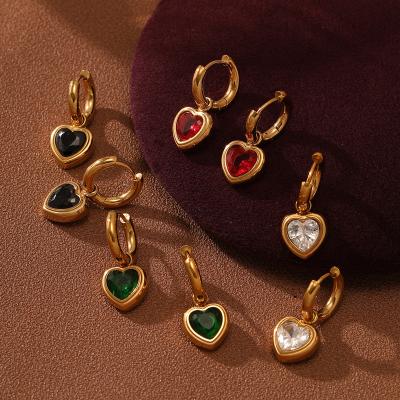 China TRENDY Colored Cubic Zirconia Dangle Hoop Earrings With Heart Pendant 18k Gold Plated Pvd 316l Stainless Steel Woman Statement Earrings for sale