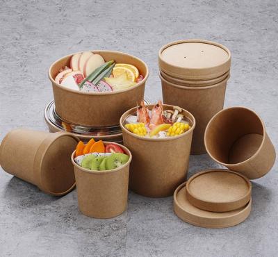 China Disposable Disposable Take Away Kraft Paper Salad Bowl With PET Lid , Kraft Paper Salad Bowl for sale