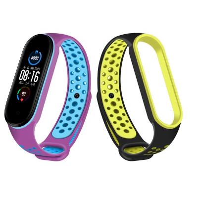 China Massive Perforation Increase Breathability MI Band 5 Silicone Strap Double Color Correa Para For Xiaomi MI Band 5 Fitness Wristband for sale