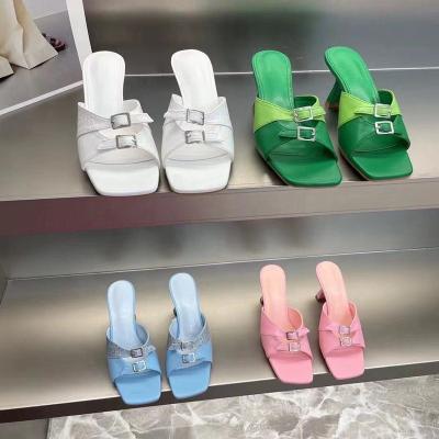 China Designer Luxurious Waterproof Brand Style In Material And Color Summer Curved Heel Splice Women And Square Toe Mule Shoes for sale