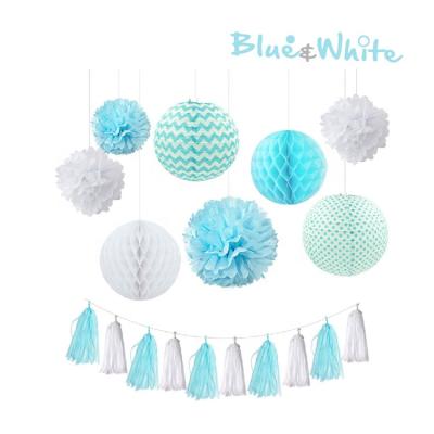 China Colorful Nicro Baby Boy Birthday Party Decor DIY Lantern Pom Pom Paper Tassel Garland Paper Decor Lantern Honeycomb Ball Set for sale