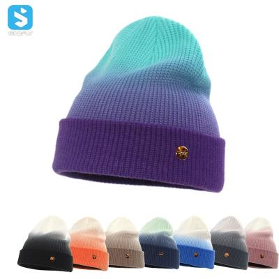 China Fashion COMMON Custom Winter Hat Tie Dye Gradient Gradient Warm Knitted Beanie Hats For Women for sale