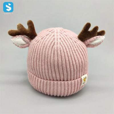 China COMMON Kids Christmas Beanie Hat Solid Color White Fawn Hat Acrylic Wool Cotton Knitted Warm Hat for sale