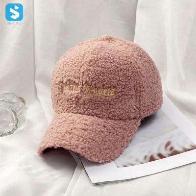 China JOINT custom embroidery logo winter fitted hats lamb woolen faux fur soft warm plain baseball cap for sale