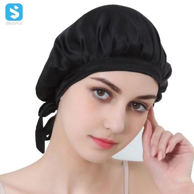 China High Quality Custom Character Women Turban Sleep Hat Designer Bonnets 100% Silk Adjustable Hair Hood With Tie for sale