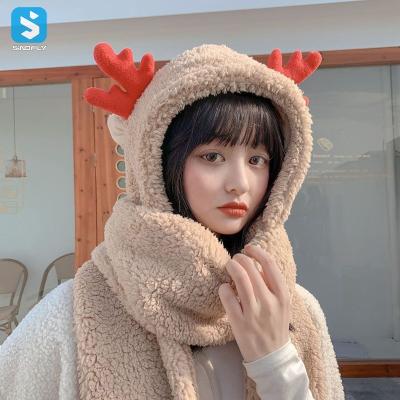 China Girls Christmas Elk Antler Hat Long Autumn And Winter Cute Plush Warm Keeping Gloves A Scarf Hat Three-Piece Set for sale