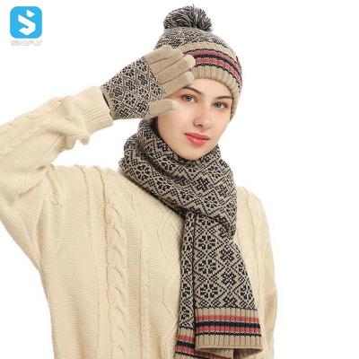 China Long Wholesale 2022 Retro Snowflake Hat Scarf Gloves Set Men Luxury Acrylic Winter Adults Warm Hat Scarf And Glove Sets for sale