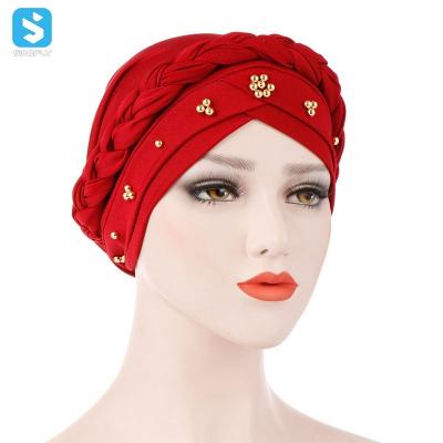 China Wholesale Muslim Beaded Headscarf Hats Muslim Hijab Women Cotton Solid Color Picture Muslim Turban Hat for sale