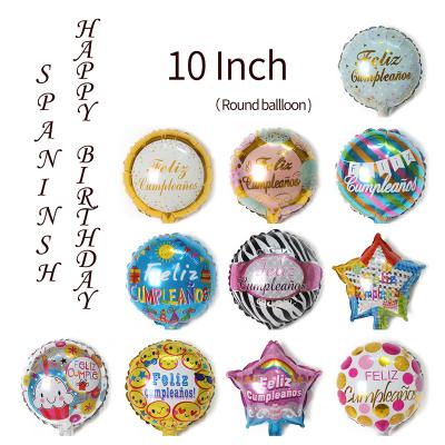 China New come auto shutter 10 inch spanish feliz birthday merry little round foil balloons fairy party decoration globos pattern for sale