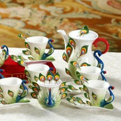 China Western Style Elegance High Grade Enamel Porcelain 21 Peacock Coffee Cup Dish Western Style Elegant Ceramic Cup Creative Coffee Gift Set Cup for sale