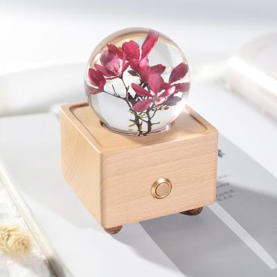 China Wholesale Price Gift China Portable Wireless Crystal Ball Resin Music Box Dry Flowers Inside Night Light Wooden Box Speakers Light for sale