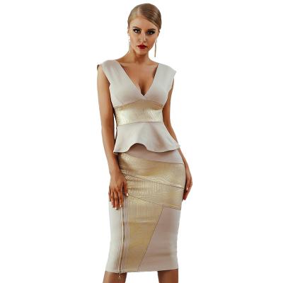 China 2021 New Arrival H5026 Lady's Sexy Main V Neck Tight Dress Anti-static 2 Piece Equipment Gold Bandage Skirt Set Women for sale