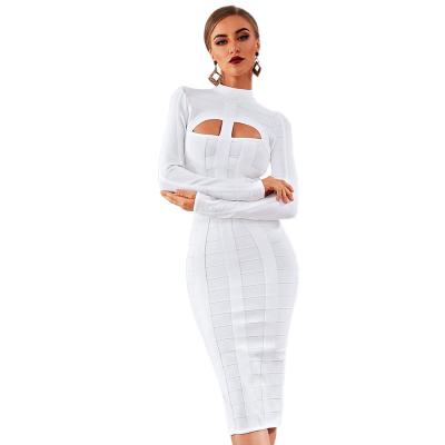 China H5616 anti-static 2021 new Autumn Dresses White Long Sleeve sexy hollow out women's formal dresses office for sale