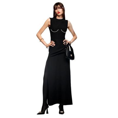 China Casual Dresses Diamond Decoration Sleeveless Bodycon Bandage Maxi Anti-Static Fashionable Black Slit Long Dresses for sale