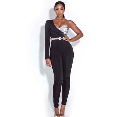 China 2021 New Arrival DH017 Drop Ship Women Clothes Roma Cloth Tight Fit Anti-pilling Black Overalls With Sequined for sale