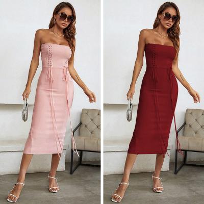 China Sesidy Summer Anti-Static High Quality Pink Sexy Off Shoulder Bandage Dress Side Stripe Elegant Night Party Sexy Dresses Long for sale