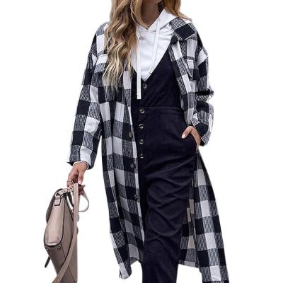 China New Autumn Lapel Anti-wrinkle Black And White Women's Anorak Slim Long Sleeve Plaid Women's Coat Long for sale