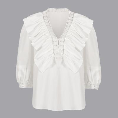 China Anti-pilling 2021 seventh popular 100% sleeve v neck cotton shirt white ruffle shirts for women for sale