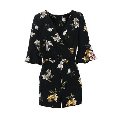 China 2021 QUICK DRY Cheap Customized V-Neckline Printed Korea Bell Sleeve Loose Short Overalls for sale