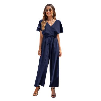 China Anti-pilling New European and American summer women's V-neck fashion temperament casual high waist loose belted overalls for sale