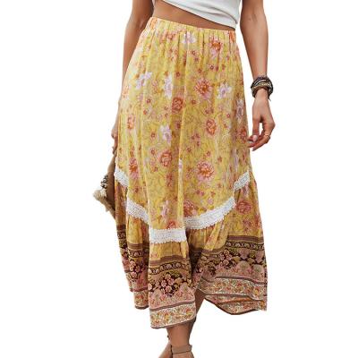 China Anti-Static Stretch Casual Bohemian Waistline Floral Print Vacation Style Holiday Style Ladies Cotton Rayon Ladies Long Skirt for sale