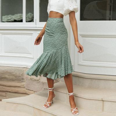 China Anti-Static 2021 Ladies Fashion Irregular Ruffled Mermaid Cotton Printed Long Skirt for sale