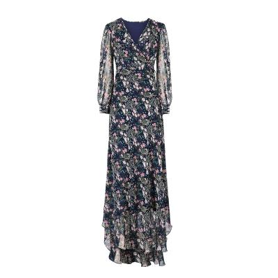 China Custom Factory Wholesale Women's Casual V-Neckline Anti-wrinkle Printed Maxi Dress Blue Long Sleeve Dress for sale