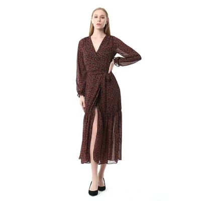 China Small Soft And Supple Floral Fabric V-Neck Trimming Waist Ties Pleated Long Sleeve Dress for sale