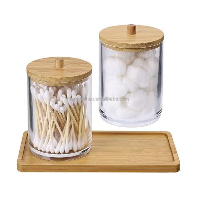 China Bathroom Storage Bamboo Accessory Set Storage Organizer Glass Tool Holder Apothecary Jars For Cotton Swabs Balls Box for sale