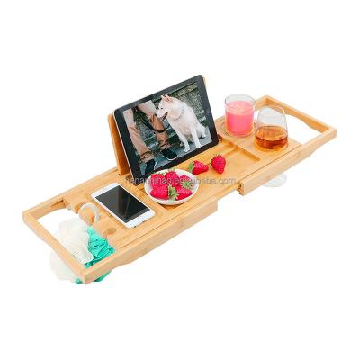 China Customized Luxury Wooden Stocked Bathtub Caddy Bamboo Bath Tub Tray with Expanding Sides Shower Organizer for sale