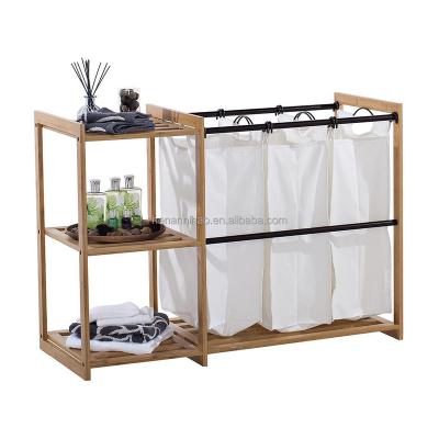 China Mid Century Modern Laundry Basket Bamboo Laundry Bags and Hamper with 3-Tier Shelves Space Saving Laundry Shelves for sale