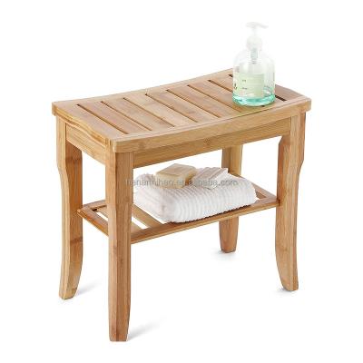 China Amazon Modern Hot Sale Bamboo Shower Bench With Handles, Portable Wooden Spa Bathing Stool With Storage Towel Shelf for sale