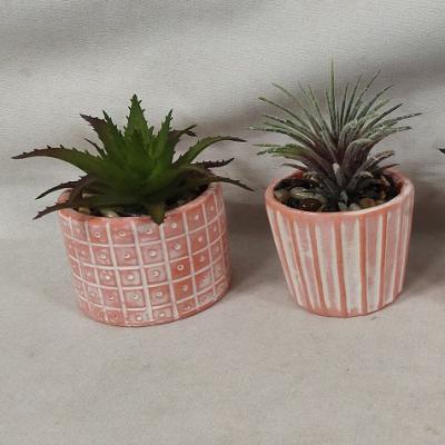 China Modern Simple Linear Graphics Around Red Concrete Flower Pot Cement Garden Planter Plant Pot Succulents Planter for sale