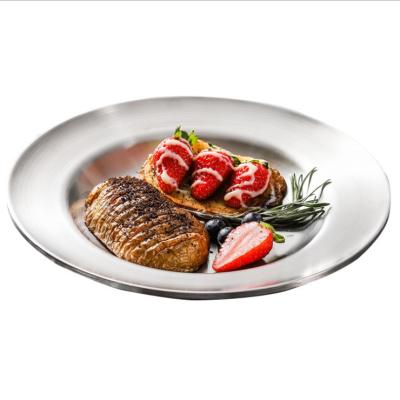 China Stocked 19/21/23 cm 304 stainless steel double layer steak shushi dish anti-scalding dish vegetable and fruit serving tray for sale