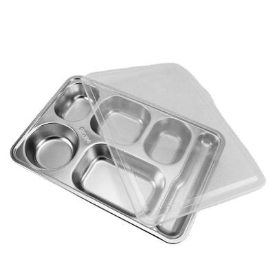 China Sustainable 5 Grid Divided Food Tray Dish Dish Bowl Tableware Dinner Plate Stainless Steel With Plastic Lid for sale