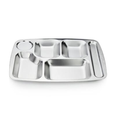 China Sustainable Stainless Steel Rectangle School Lunch Charger Dish With 5 Compartment Fast Food Tray Dish for sale