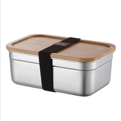 China Eco Friendly Reusable Steamable Food Storage Containers Lid Stainless Steel Rectangle Wooden Food Bowl For Kids School for sale