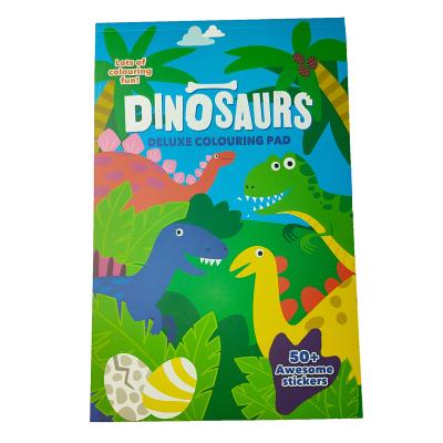 China Custom Printed Coloring Books For Kids Dinosaurs Deluxe Coloring Pad With Matching Sticker for sale