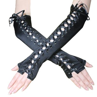 China Wrist Length Lace Gloves Lace Up Long Fingerless Bridal Dress Ribbon Accessories Party Wedding Glove For Women for sale