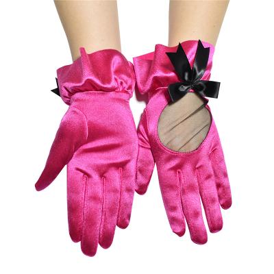 China Simple Design Satin Bow Cloth Glove Women Bowknot Long Full Lady Party Short Style Net Gloves Wholesale for sale