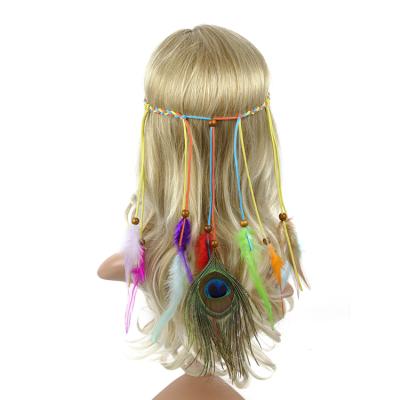 China New Design Fashion Boho Style Feather Headband Colorful Rope Peacock Feather Headwear for sale